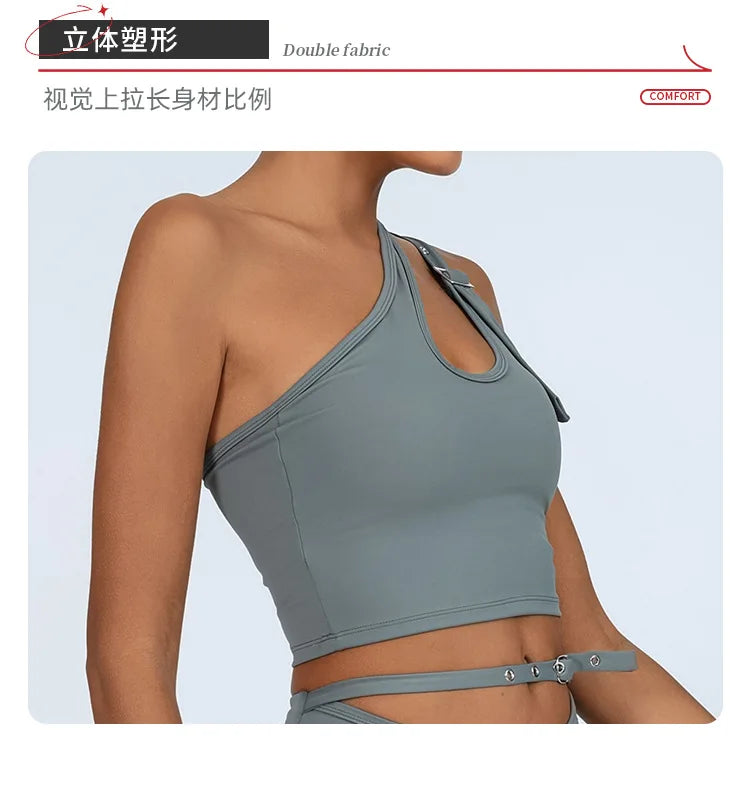 Yoga Tank Top with Built-in Bra Asymmetric Single Shoulder Quick-Dry Breathable High Elasticity Workout Gym Fitness Clothes - Daisan Mart