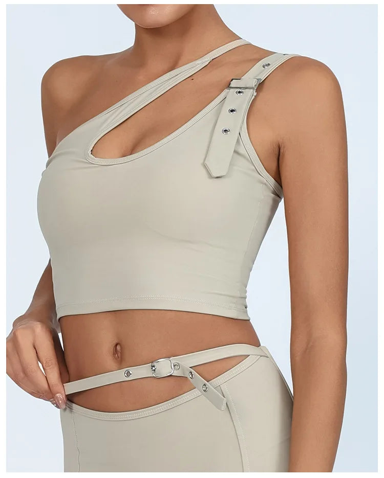 Yoga Tank Top with Built-in Bra Asymmetric Single Shoulder Quick-Dry Breathable High Elasticity Workout Gym Fitness Clothes - Daisan Mart