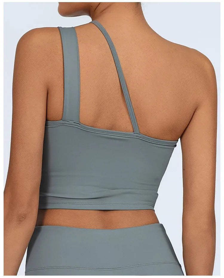 Yoga Tank Top with Built-in Bra Asymmetric Single Shoulder Quick-Dry Breathable High Elasticity Workout Gym Fitness Clothes - Daisan Mart