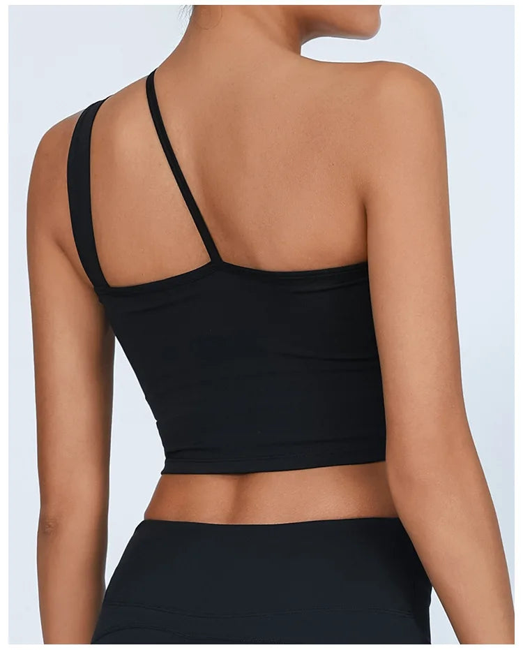 Yoga Tank Top with Built-in Bra Asymmetric Single Shoulder Quick-Dry Breathable High Elasticity Workout Gym Fitness Clothes - Daisan Mart
