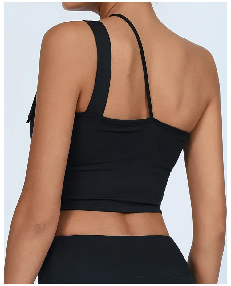 Yoga Tank Top with Built-in Bra Asymmetric Single Shoulder Quick-Dry Breathable High Elasticity Workout Gym Fitness Clothes - Daisan Mart
