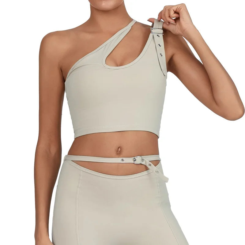 Yoga Tank Top with Built-in Bra Asymmetric Single Shoulder Quick-Dry Breathable High Elasticity Workout Gym Fitness Clothes - Daisan Mart