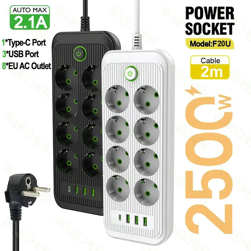 Ổ điện đen và trắng, 8 ổ cắm EU, 3 cổng USB, 1 cổng Type-C, dây dài 2m, công suất 2500W.