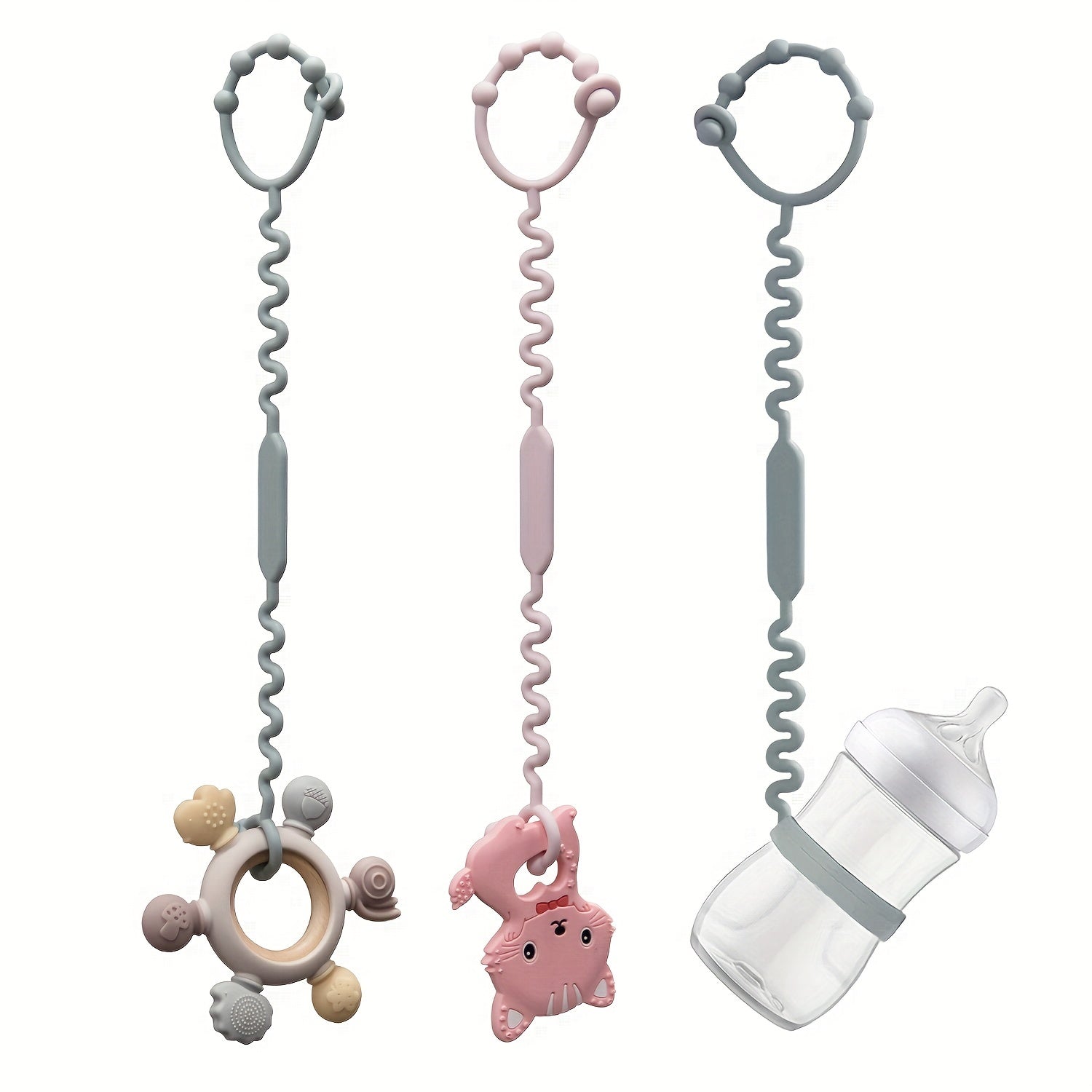 3 件裝不含 BPA 的嬰兒矽膠安全帶：安全出牙帶、吸管杯帶以及嬰兒車、高腳椅、汽車座椅上的配件