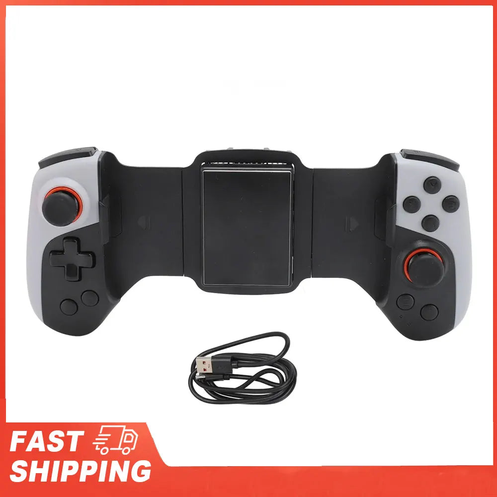 Điều khiển game màu đen và xám có giá đỡ điện thoại, kèm cáp USB đen, nền trắng.