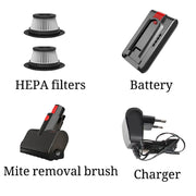 Bộ phụ kiện máy hút bụi gồm bộ lọc HEPA, pin, bàn chải, và sạc, màu đen và xám.