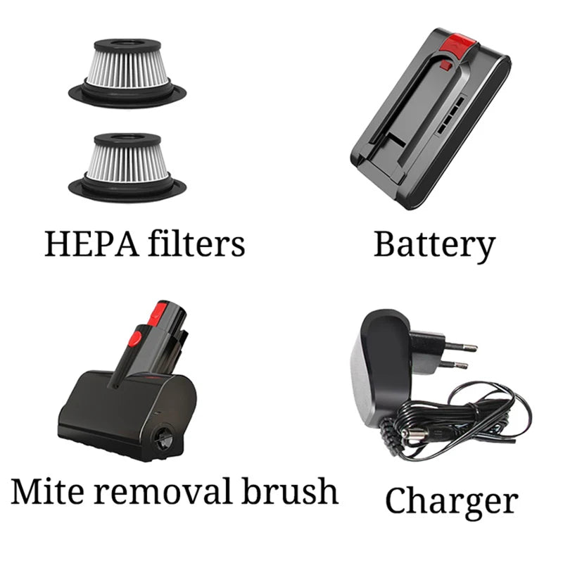 Bộ phụ kiện máy hút bụi gồm bộ lọc HEPA, pin, bàn chải, và sạc, màu đen và xám.