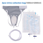 Túi đựng nước tiểu màu xám, hai túi 1000ml và 2000ml trong suốt, ống kết nối màu trắng.