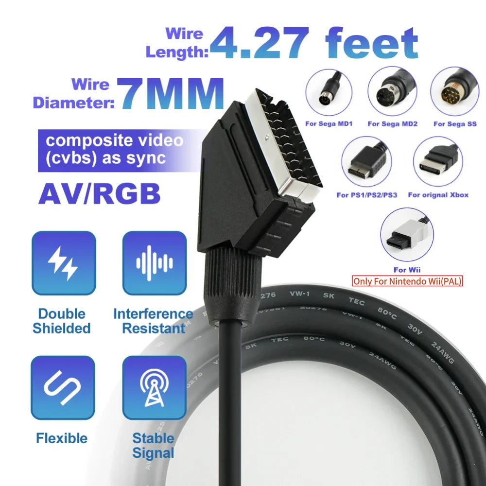 Cáp RGB SCART 1.3m Cho Console Game Cổ Điển Retro
