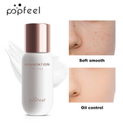 Chai kem nền Popfeel màu trắng, nắp vàng hồng, kèm ảnh trước và sau khi dùng kem.