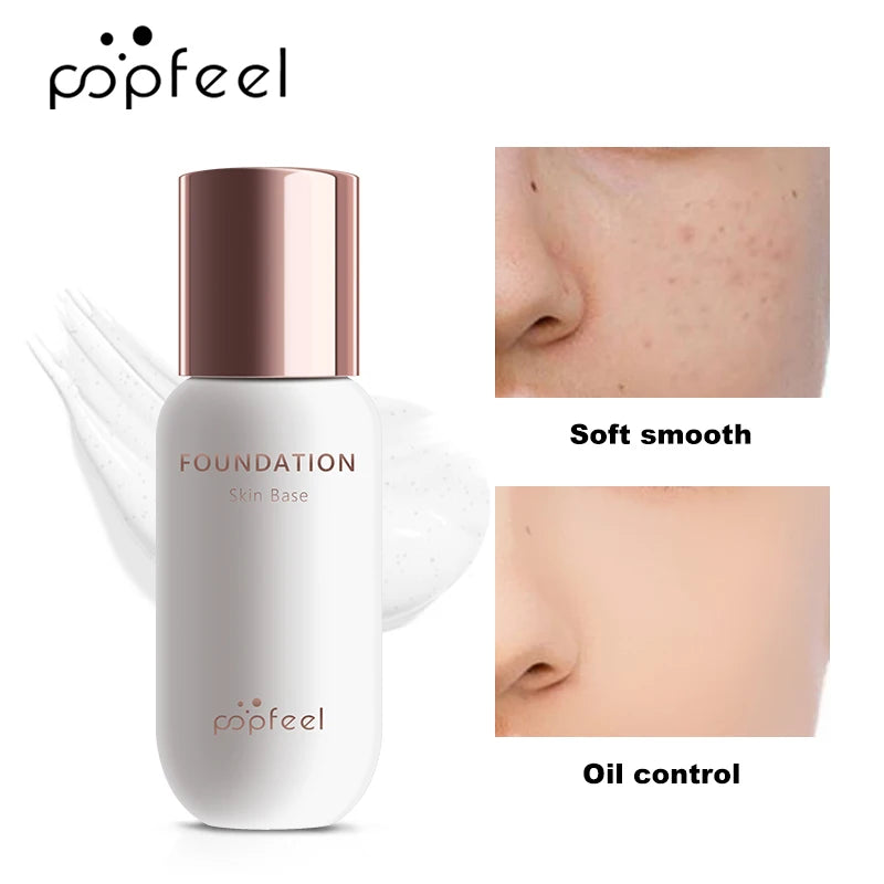 Chai kem nền Popfeel màu trắng, nắp vàng hồng, kèm ảnh trước và sau khi dùng kem.