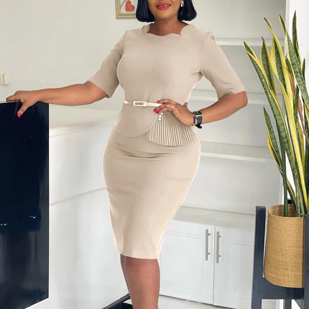 Office Dresses for Ladies 2024 Latest Summer Simple Elegant Half Sleeve Formal Church Dress Women Knee Length Pencil Peplum Dres - Daisan Mart