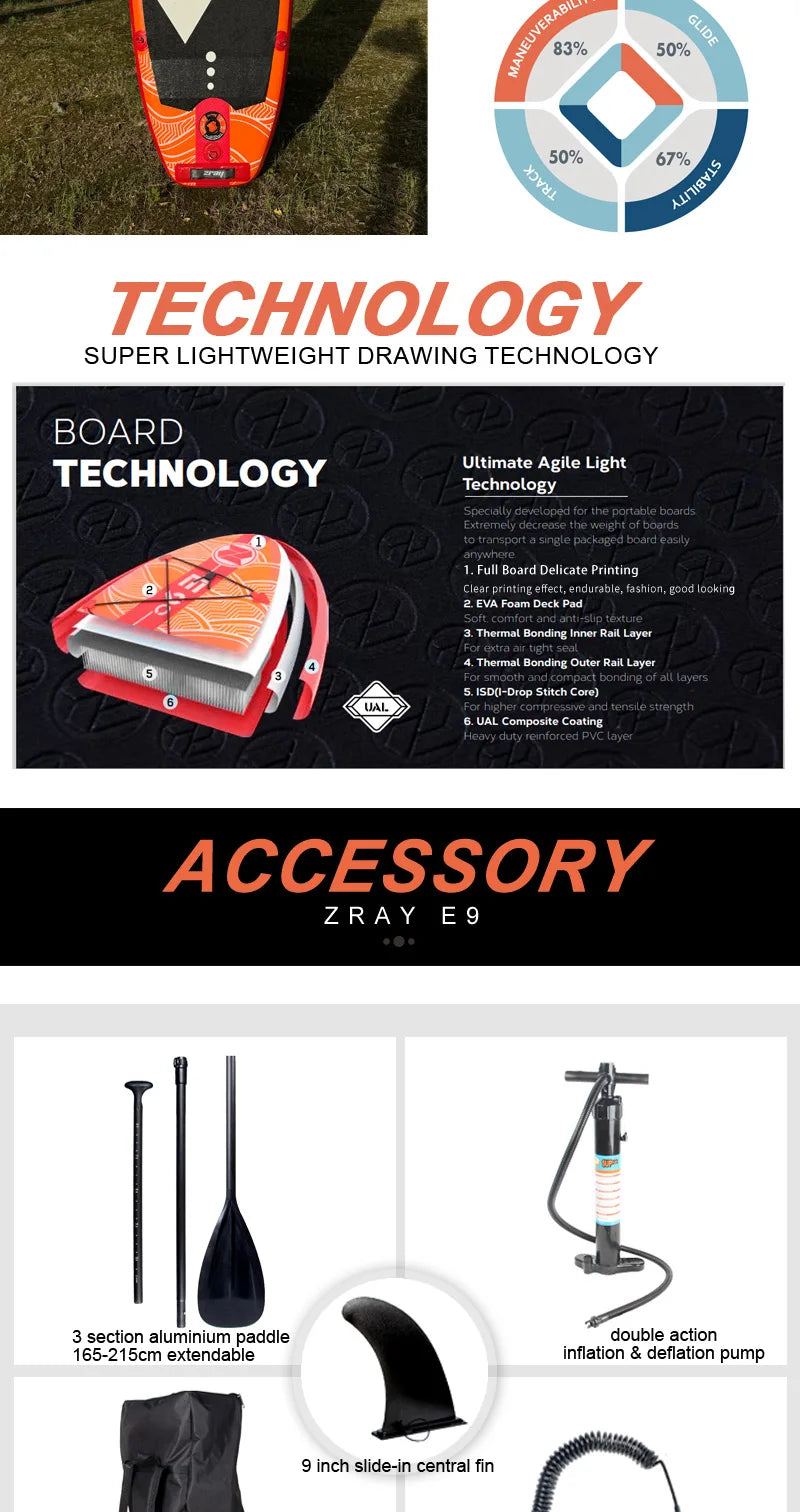 ZRAY EVASION E9 275*76*13cm inflatable surfboard stand up paddle surfing board water sport sup kid board all around light - Daisan Mart