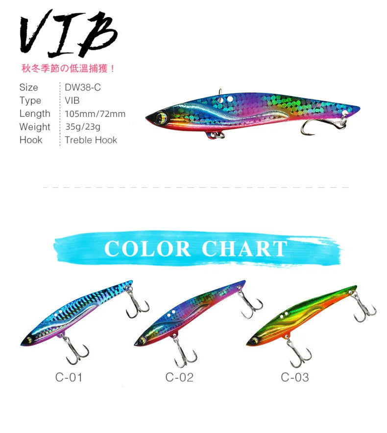 VIB Fishing Lures 35g 44g Sinking Vibration Blade Bait Spinner Spoon Jigging Lures Treble Hooks Bass Fishing Tackle - Daisan Mart