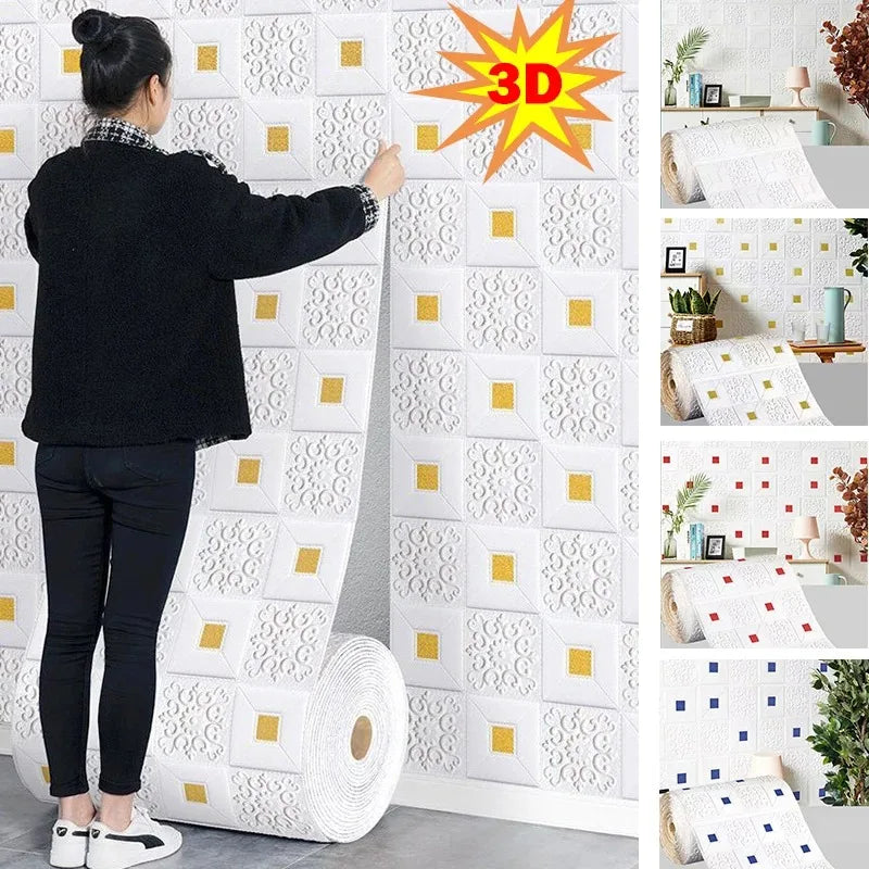 Người phụ nữ dán giấy dán tường 3D trắng với họa tiết vuông vàng nổi bật.