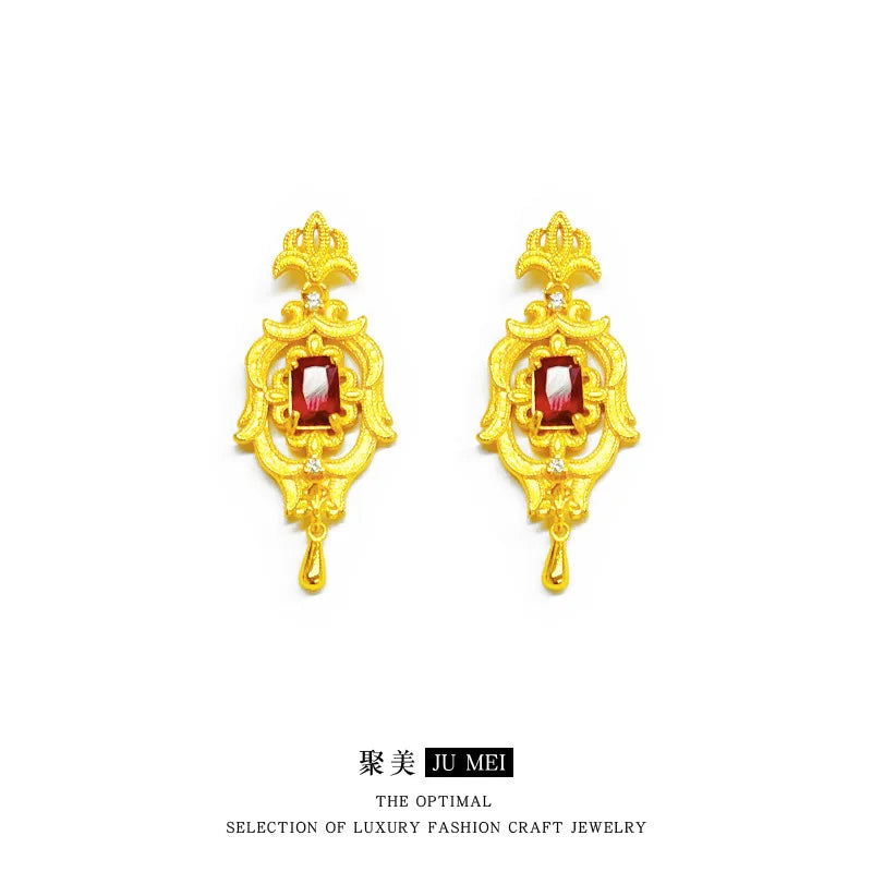 Bông tai vàng 24K retro đá garnet sang trọng, quý phái - Daisan Mart