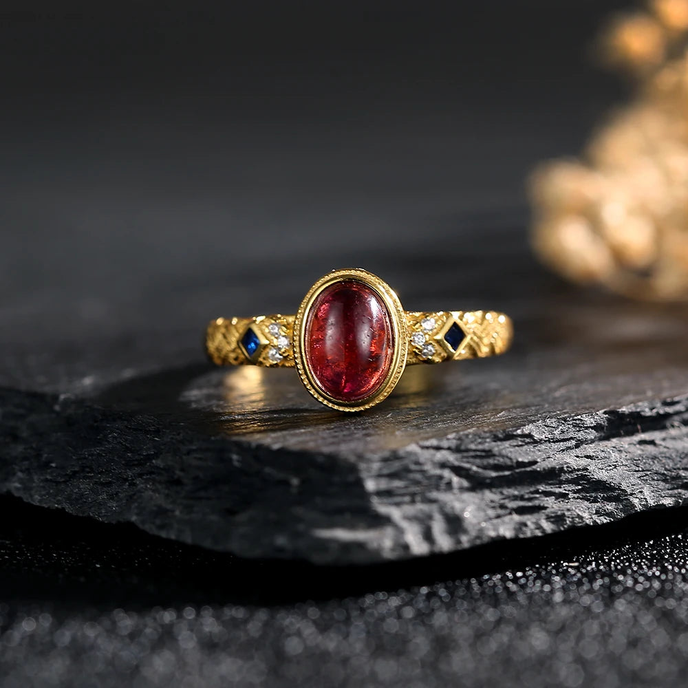 Nhẫn Hào Quang 18K Đính Đá Garnet Tự Nhiên Retro - Daisan Mart