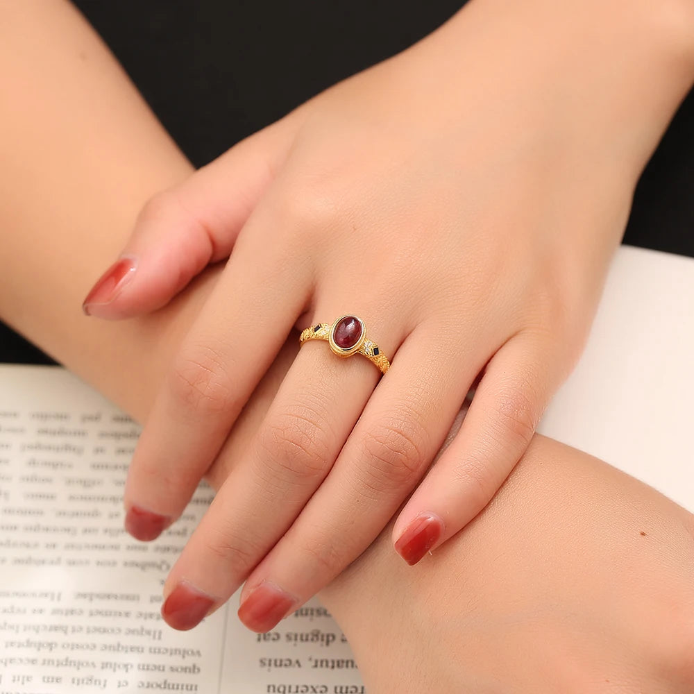 Nhẫn Hào Quang 18K Đính Đá Garnet Tự Nhiên Retro - Daisan Mart
