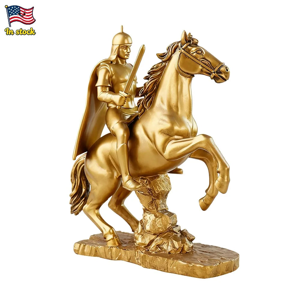 US Stock Golden Knight on Horseback Resin Statue, Medieval Warrior Home Decor - Daisan Mart