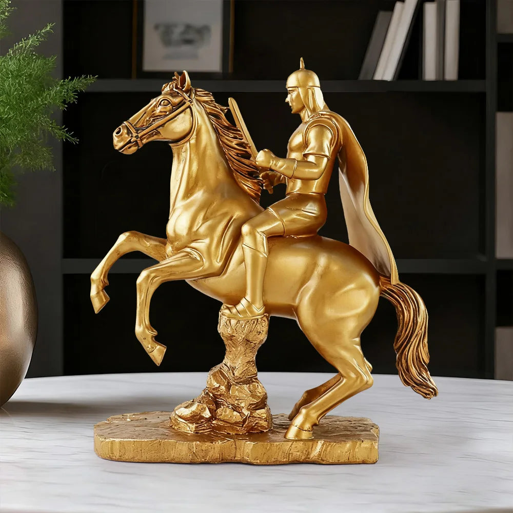 US Stock Golden Knight on Horseback Resin Statue, Medieval Warrior Home Decor - Daisan Mart