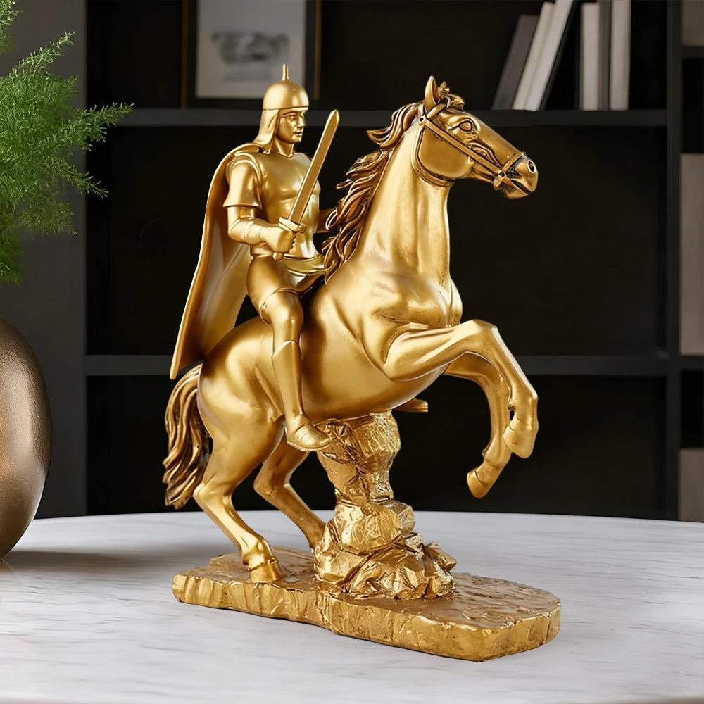 US Stock Golden Knight on Horseback Resin Statue, Medieval Warrior Home Decor - Daisan Mart