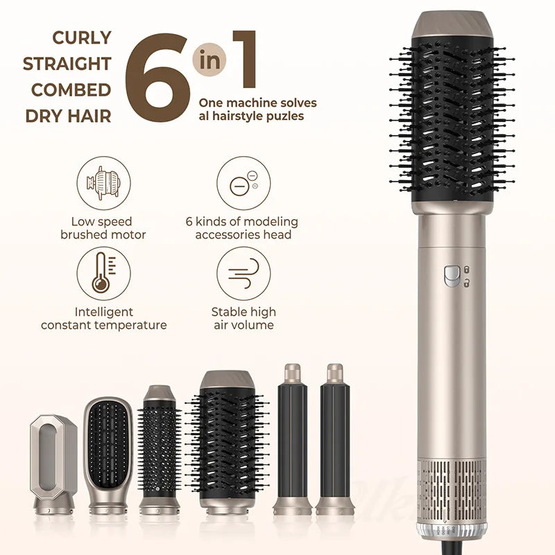 Máy tạo kiểu tóc 6 trong 1 màu bạc, kèm 6 đầu phụ kiện đa dạng kiểu dáng và chức năng.