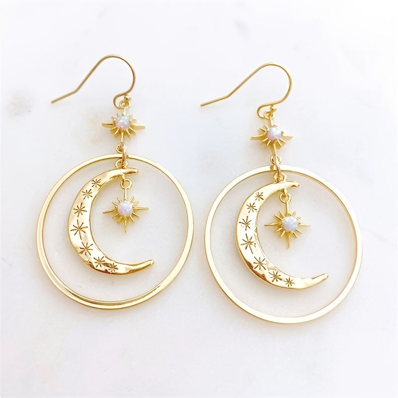 [Moon Earrings] Golden-Tone Boho-Chic Moonstone Dangle Earrings for Women - Crescent Moon with Star Motifs, Zinc Alloy, Perfect for Daily Wear &amp; Parties