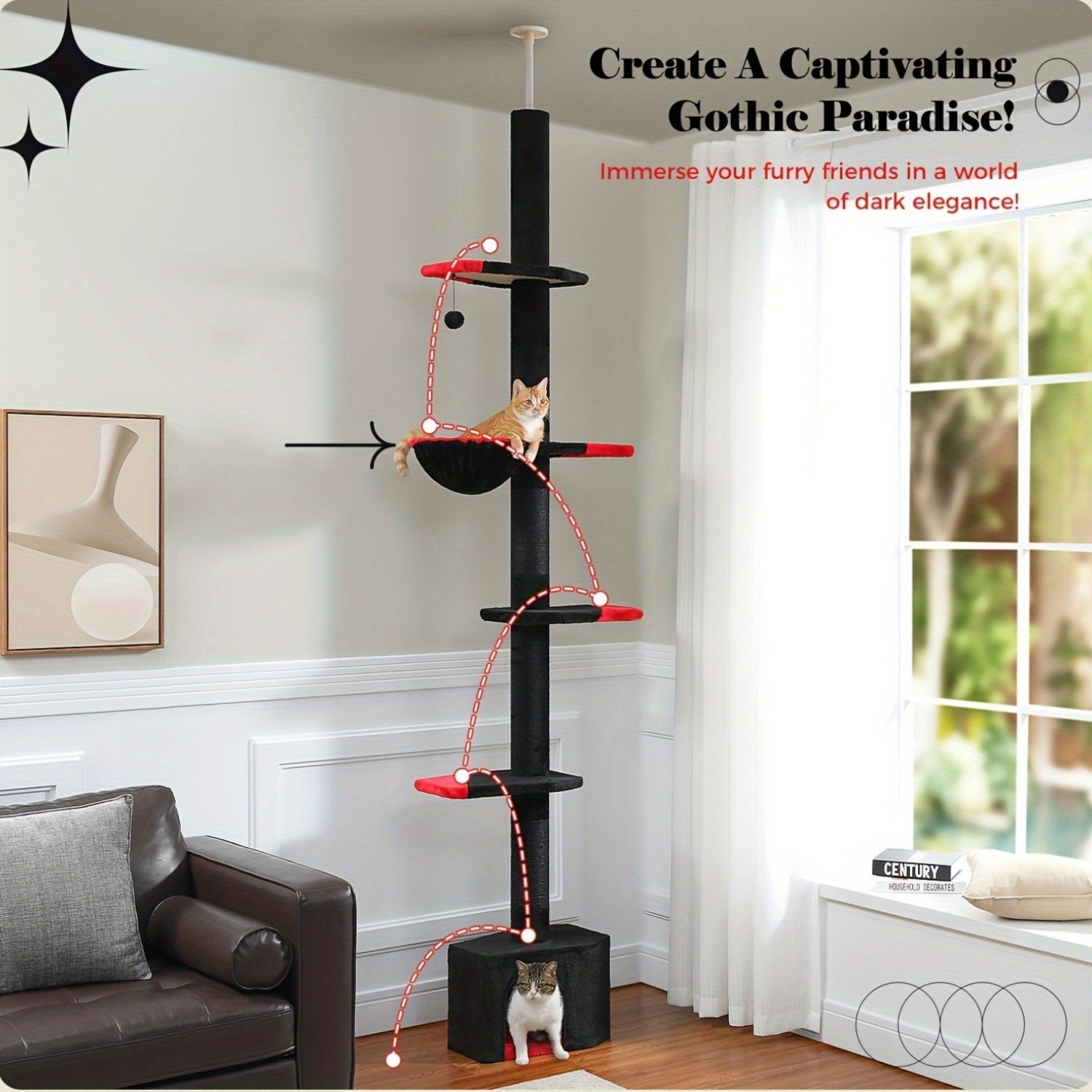 90-107" Floor To Ceiling Cat Tree Tower 4 Tier Tall Cat Climbing Posts Adjustable, Gray, Black, Khaki