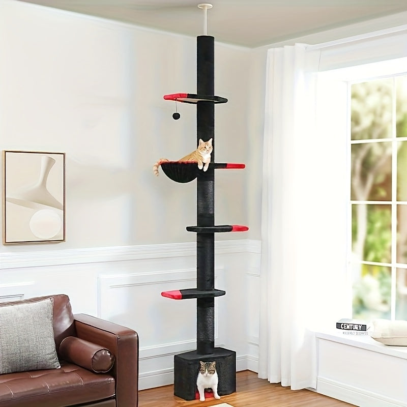 90-107" Floor To Ceiling Cat Tree Tower 4 Tier Tall Cat Climbing Posts Adjustable, Gray, Black, Khaki