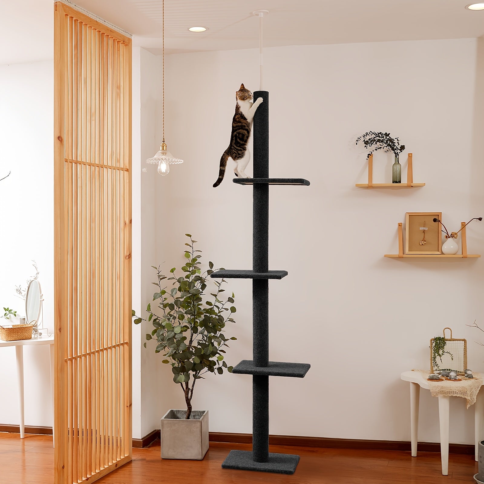 90-107" Floor To Ceiling Cat Tree Tower 4 Tier Tall Cat Climbing Posts Adjustable, Gray, Black, Khaki