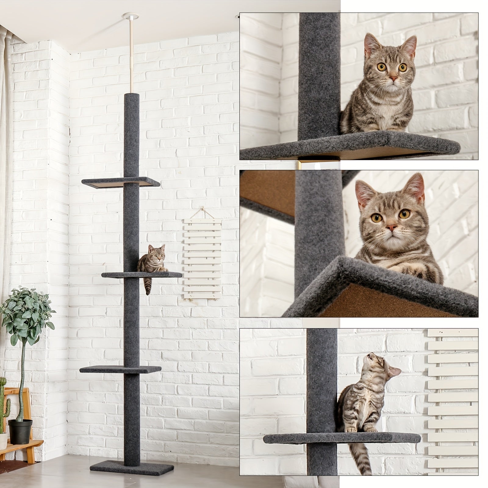 90-107" Floor To Ceiling Cat Tree Tower 4 Tier Tall Cat Climbing Posts Adjustable, Gray, Black, Khaki