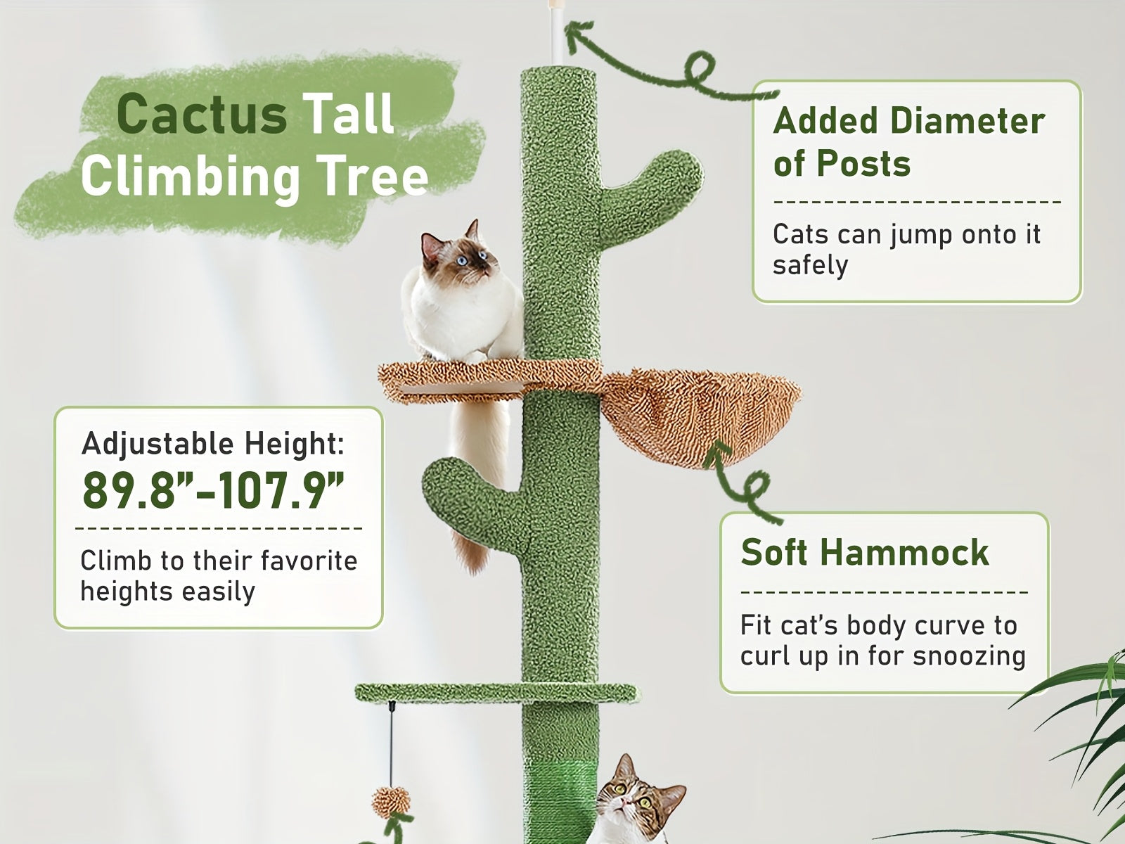 90-107" Floor To Ceiling Cat Tree Tower 4 Tier Tall Cat Climbing Posts Adjustable, Gray, Black, Khaki