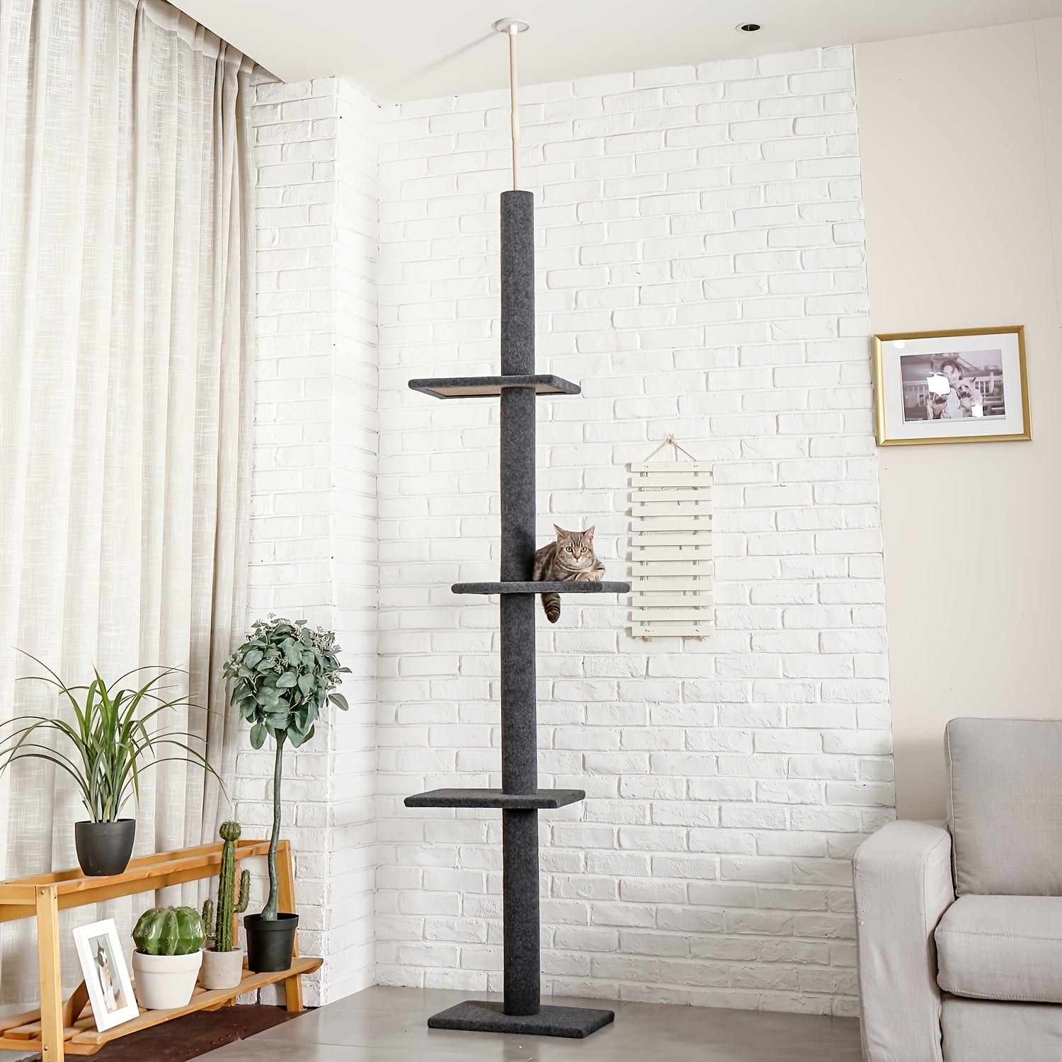 90-107" Floor To Ceiling Cat Tree Tower 4 Tier Tall Cat Climbing Posts Adjustable, Gray, Black, Khaki