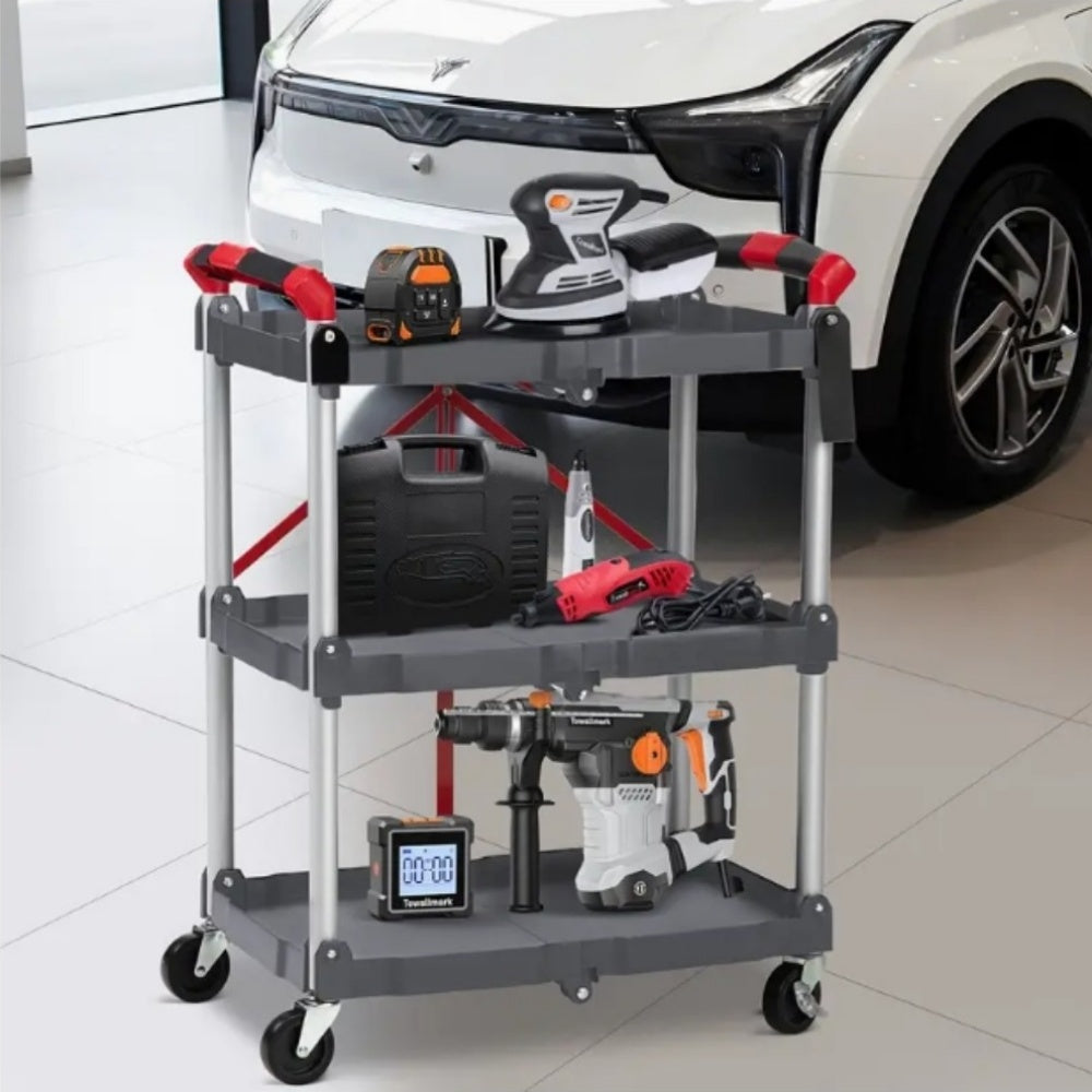 Heavy-Duty 3-Tier Folding Wheeled Cart with 56 lbs Load Capacity per Shelf - Portable Metal Service Cart with 4-Wheel Mobility, Sturdy Frame & Red Accents - Daisan Mart