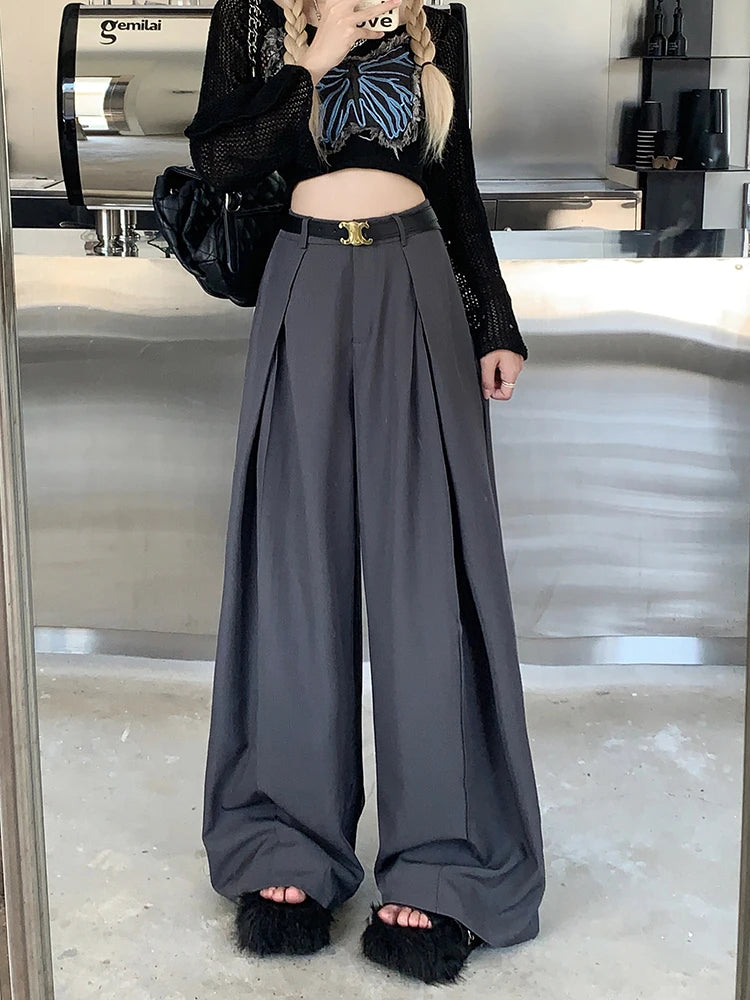 Office Suit Pants Floor Mop Pants For Women's Autumn Korean Version 2024 New High Waisted Design Loose Wide Leg Casual Pants - Daisan Mart