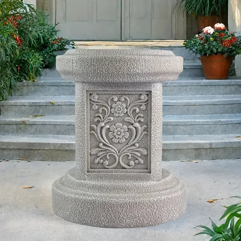 Round Geometric Resin Garden Pedestal Sculpture Base Garden Outdoor Statue, Indoor Outdoor Sculptural Garden Plinth Base, - Daisan Mart