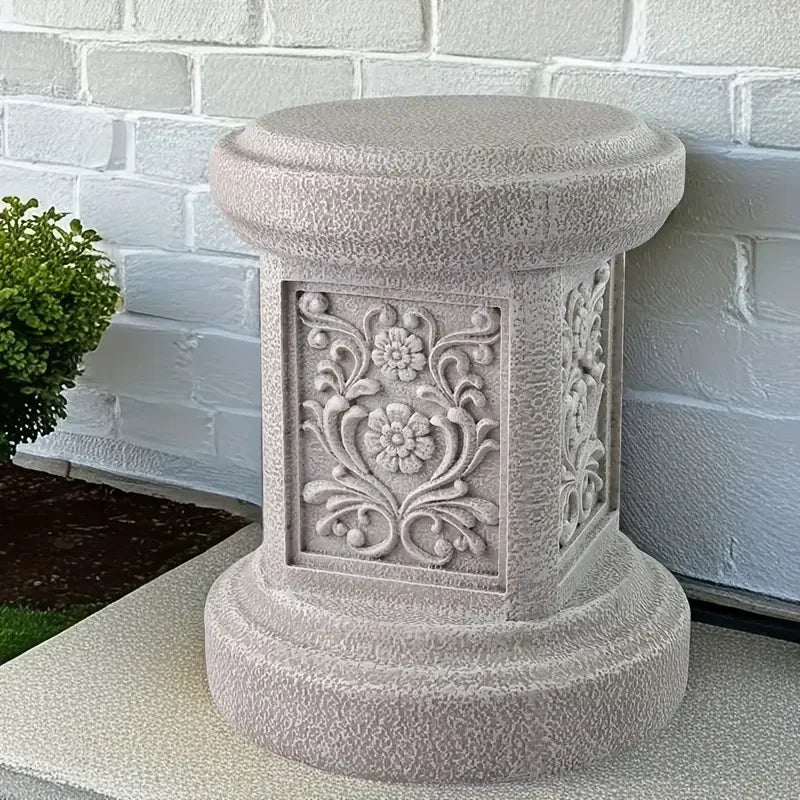 Round Geometric Resin Garden Pedestal Sculpture Base Garden Outdoor Statue, Indoor Outdoor Sculptural Garden Plinth Base, - Daisan Mart