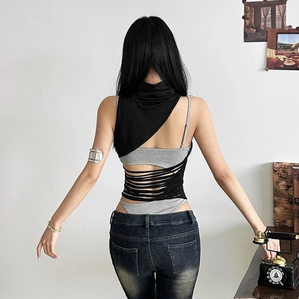 Sylcue Irregular Hollow Design Bodysuits Women Contrast Patchwork Turtleneck Sleeveless Hot Girls Street Sexy Fashion Bodycon - Daisan Mart