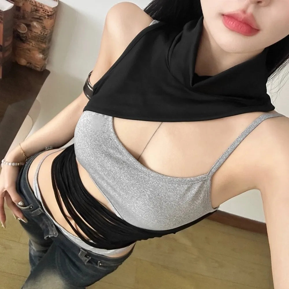 Sylcue Irregular Hollow Design Bodysuits Women Contrast Patchwork Turtleneck Sleeveless Hot Girls Street Sexy Fashion Bodycon - Daisan Mart