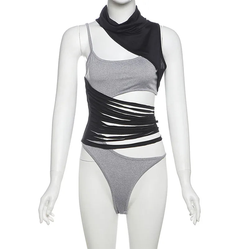 Sylcue Irregular Hollow Design Bodysuits Women Contrast Patchwork Turtleneck Sleeveless Hot Girls Street Sexy Fashion Bodycon - Daisan Mart