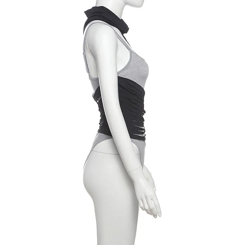 Sylcue Irregular Hollow Design Bodysuits Women Contrast Patchwork Turtleneck Sleeveless Hot Girls Street Sexy Fashion Bodycon - Daisan Mart