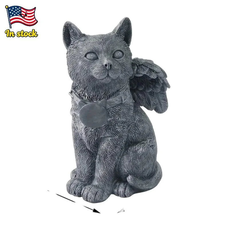 Angel Winged Cat Resin Statue Adorned Wood Figurine for Garden & Memorial Display Animal Model & Christmas Plaque - Daisan Mart