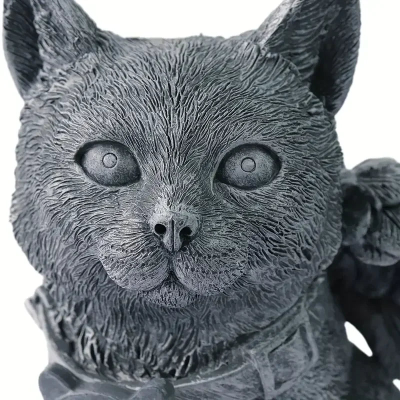 Angel Winged Cat Resin Statue Adorned Wood Figurine for Garden & Memorial Display Animal Model & Christmas Plaque - Daisan Mart