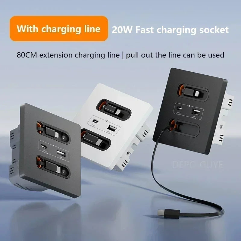 Ổ cắm sạc nhanh 20W màu xám, trắng, đen có dây sạc dài 80cm.