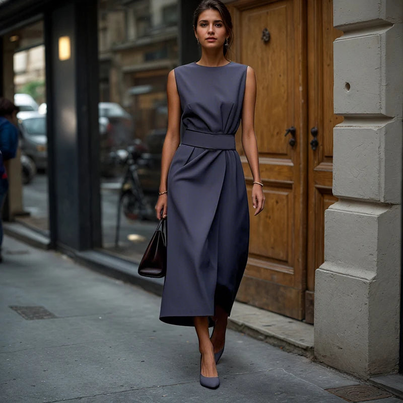 Office Lady Commute Long Dresses High Street Solid Color Round Neck Sleeveless Irregular High Waist A-Line Dresses For Women - Daisan Mart