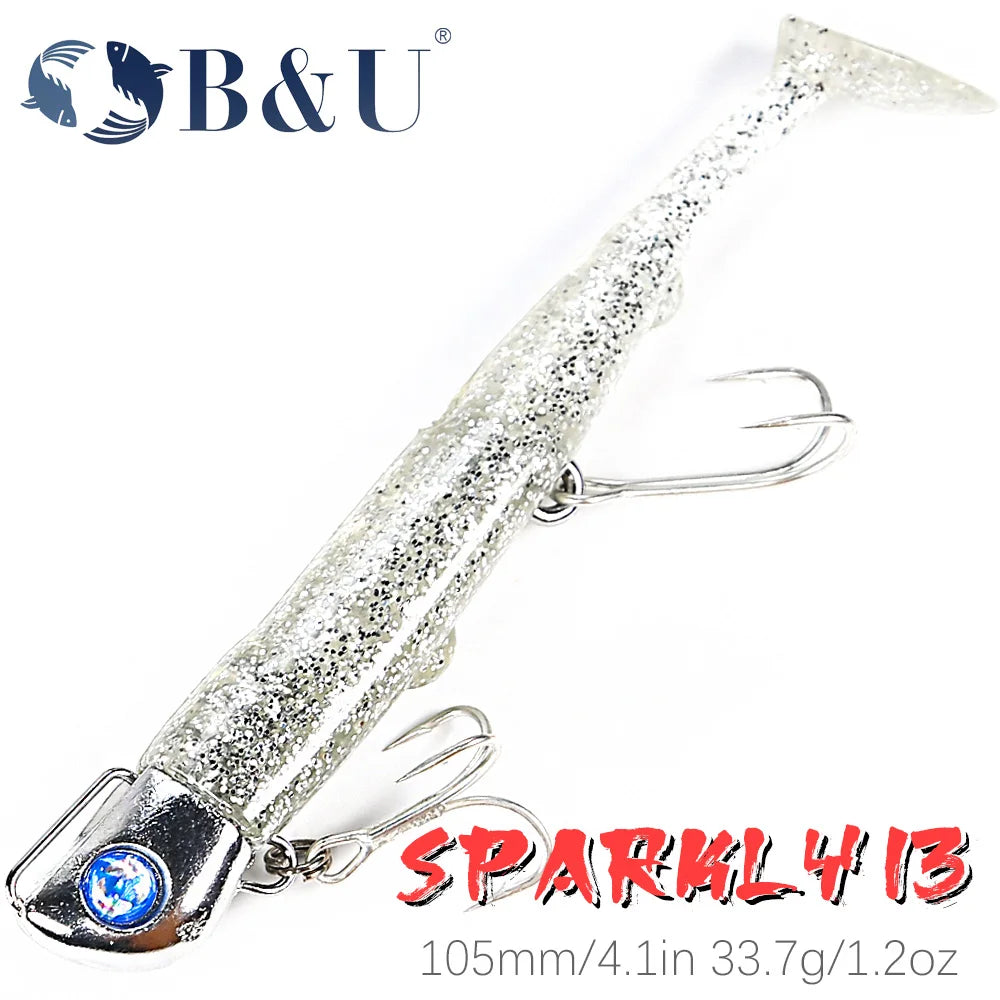 Mồi câu lấp lánh bạc, có mắt xanh, hai lưỡi câu, nền trắng, logo B&U, chữ đỏ "SPARKLY 13".