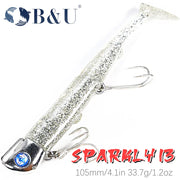 Mồi câu lấp lánh bạc, có mắt xanh, hai lưỡi câu, nền trắng, logo B&U, chữ đỏ "SPARKLY 13".