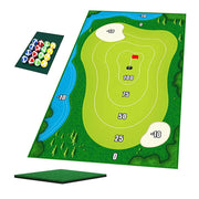Thảm chơi golf xanh với điểm số, cờ đỏ, và bóng nhiều màu bên trái.