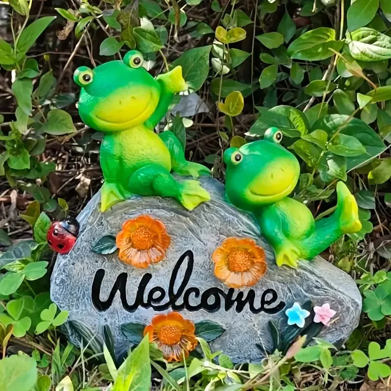 Floral-Accented Frog-Themed Resin Statue and Welcome Sign Mold for Garden & Outdoor Christmas Display - Daisan Mart