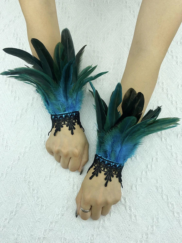 Natural Feather Sleeve Cuffs Gloves Party Cosplay Lace Wrist Cuffs Fur Sleeve Furry Accessories Carnival Stage Show Costume - Daisan Mart
